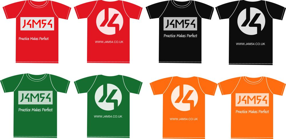 J4M54 T-shirts in red, black, green and orange